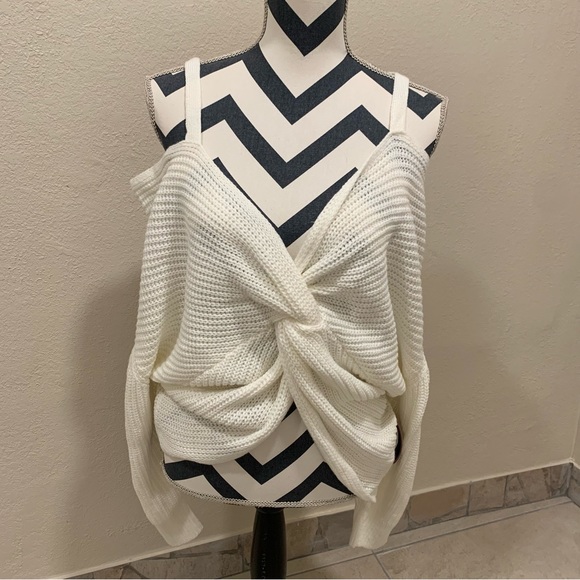 Almost Famous Cold Shoulder Twist-Front Crop Sweater - Picture 1 of 4